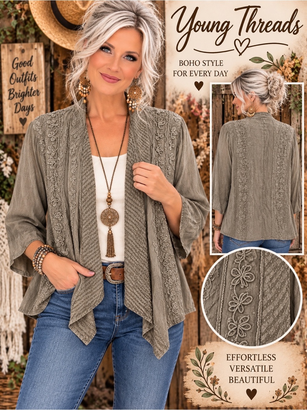 Young Threads Taupe Lace-Trim Open Cardigan